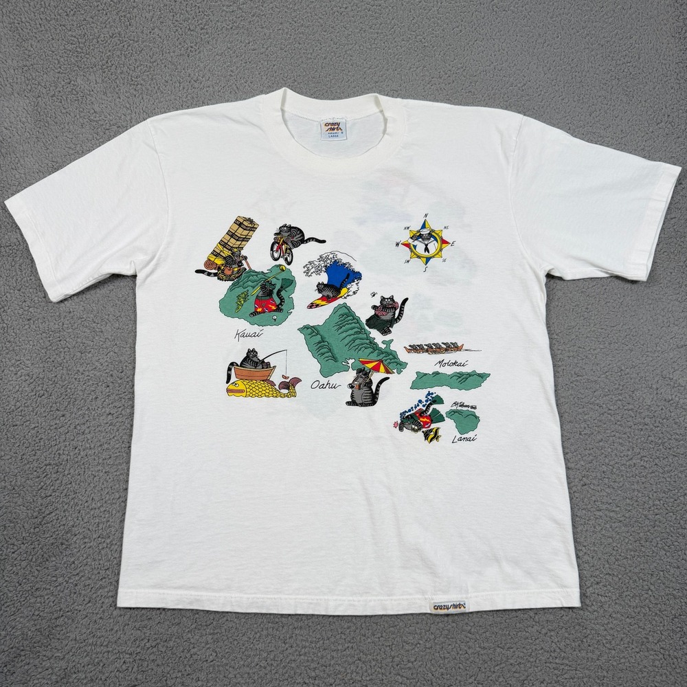 Vintage Crazy Shirts Hawaii Mens Large White Kilban Cats Islands 90s 80s